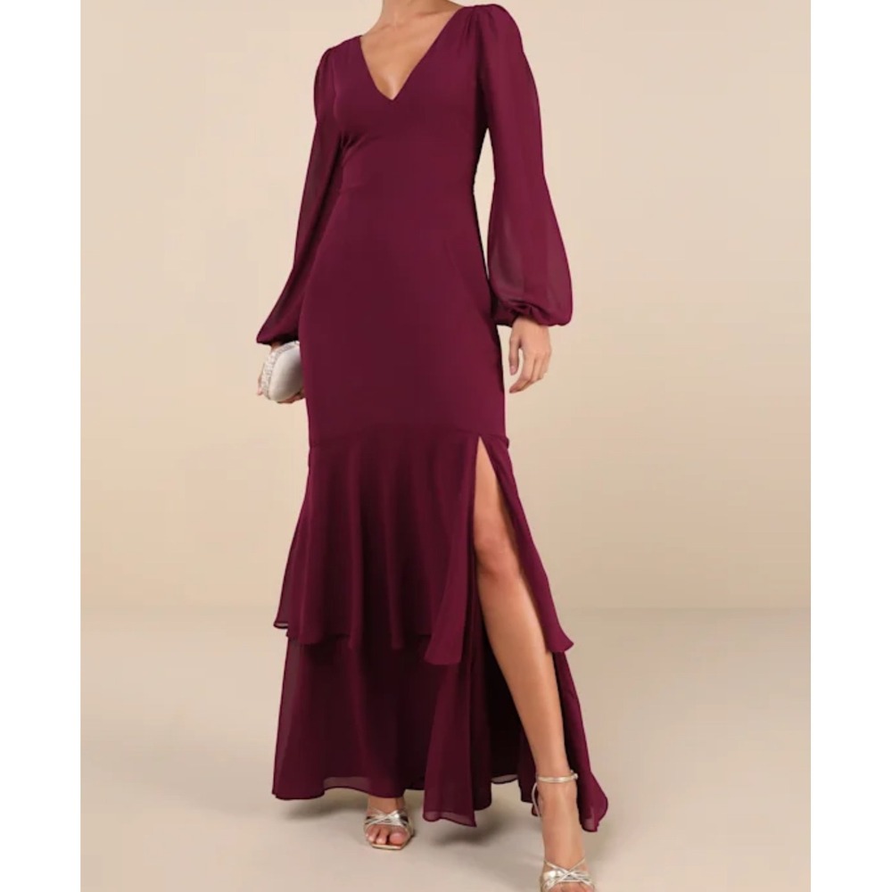Lulu's Deep Plum V-Neck Long Sleeve Maxi Dress with Side Slit
